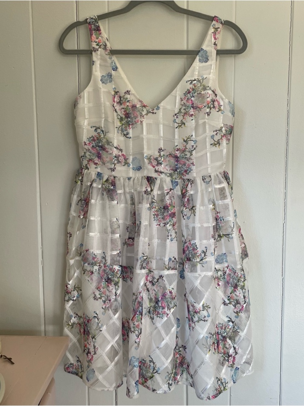 White Lattice Floral Rose V Neck Fit & Flare Dress